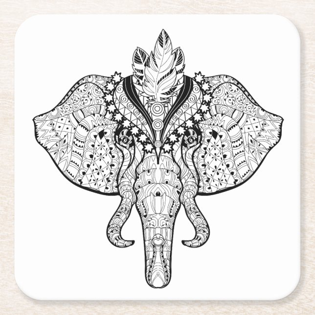 Circus Elephant Doodle Square Paper Coaster (Front)
