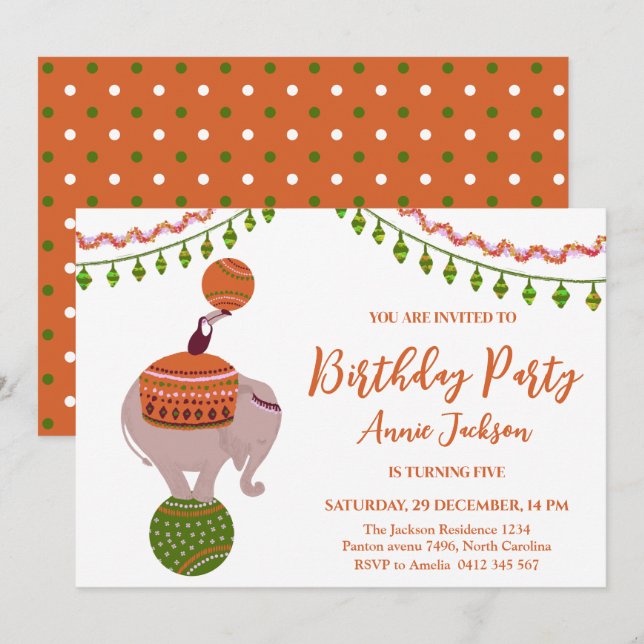 Circus elephant on a ball toucan Birthday Party Invitation (Front/Back)