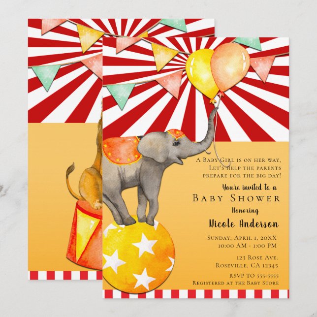 Circus Elephant on Ball Carnival Baby Shower Party Invitation (Front/Back)