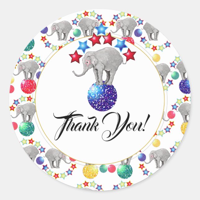 Circus Elephants Stars Thank You Classic Round Sticker (Front)