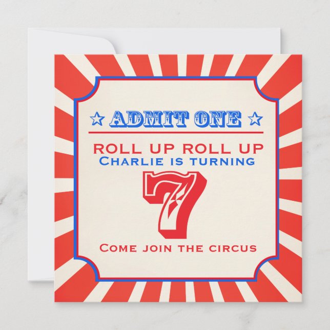 Circus fun fair 7th kids birthday party invitation (Front)