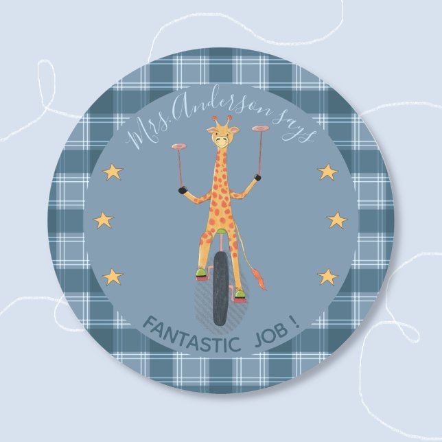 Circus Giraffe Student Reward Blue Sticker (Circus cartoon giraffe blue round student reward sticker with teacher's name .)