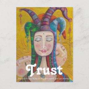 Circus Girl Jester Carnival Postcard TRUST Quote