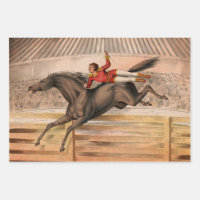 Circus horse and daredevil flying over a fence