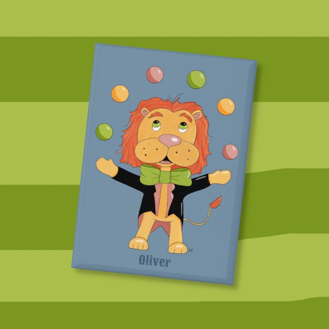 Circus Juggling Lion Kid Blue Button with Name (Fun button for kids to collect with a circus lion juggling balls . )