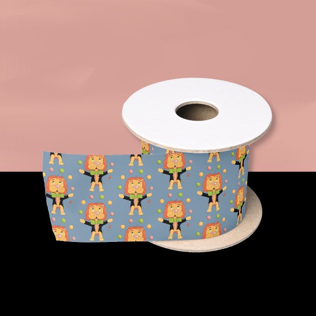 Circus Juggling Lion Pattern Light Blue Ribbon Satin Ribbon (Light blue ribbon with a cartoon juggling lion pattern . )