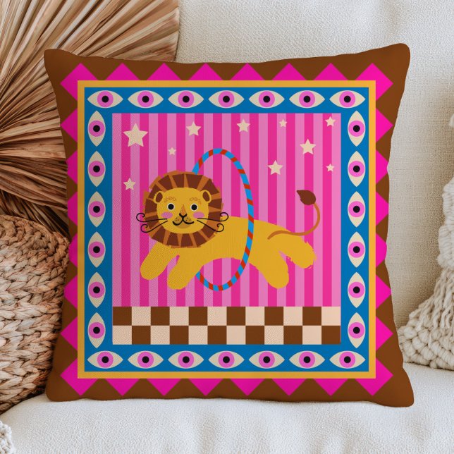 Circus Lion Chequered& Striped Bold Maximalist  Throw Pillow (Creator Uploaded)