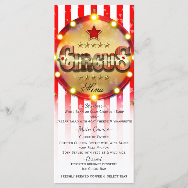 Circus Party Event Red White Gold Striped Menu (Front)