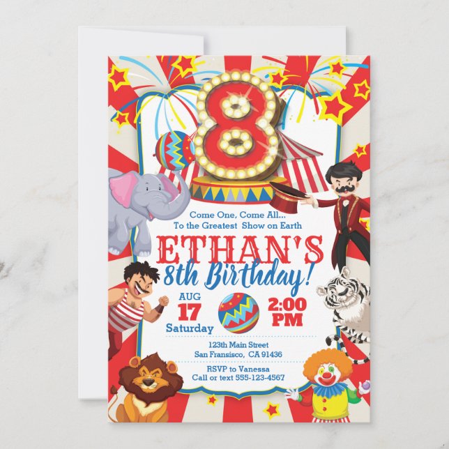 Circus Party Invitation for 8th Birthday (Front)