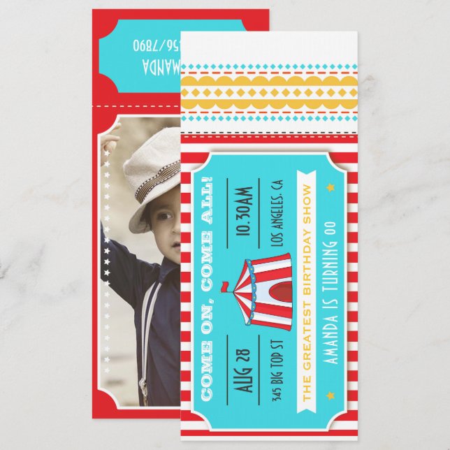 Circus Party Ticket Kids Party add photo Invitation (Front/Back)