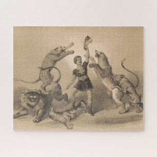 Circus Performer Standing Among Vicious Animals Jigsaw Puzzle