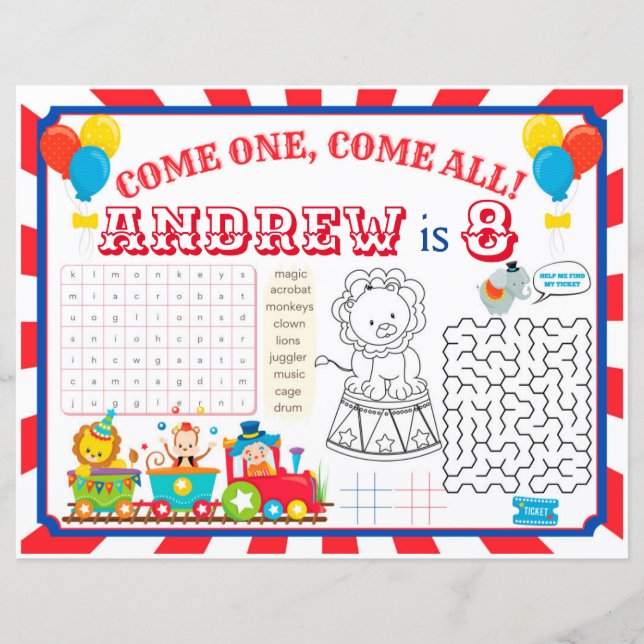 Circus placemats, carnival activity sheet (Front)
