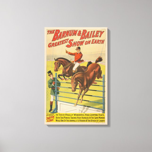 Circus Poster Of 2 Ponies Jumping Over An Obstacle Canvas Print (Front)