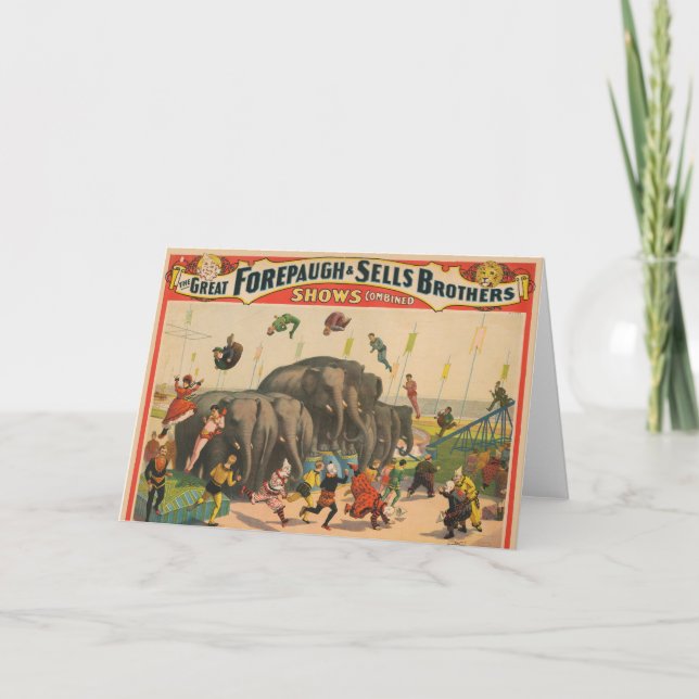 Circus Poster Of Acrobats Jumping Over Elephants Card (Front)