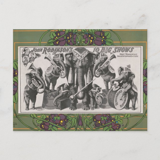 Circus Poster Of Elephants Playing Instruments Postcard (Front)