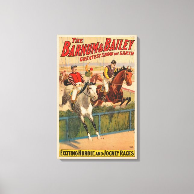 Circus Poster Of Jockeys On Horses Jumping A Hedge Canvas Print (Front)