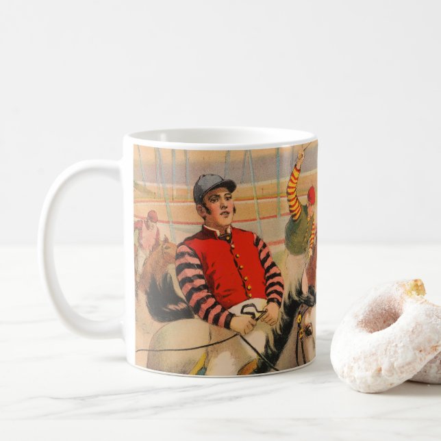 Circus Poster Of Jockeys On Horses Jumping A Hedge Coffee Mug (With Donut)