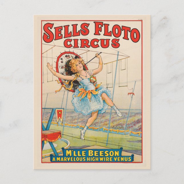 Circus Poster Of Tight-Rope Walker With A Parasol Postcard (Front)