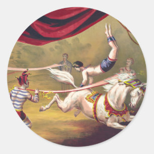 Circus poster showing acrobat performing on horse classic round sticker
