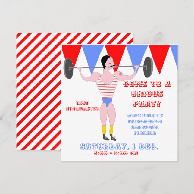 Circus Strong Man Red Circus Tent Stripe Party Invitation (Front/Back)
