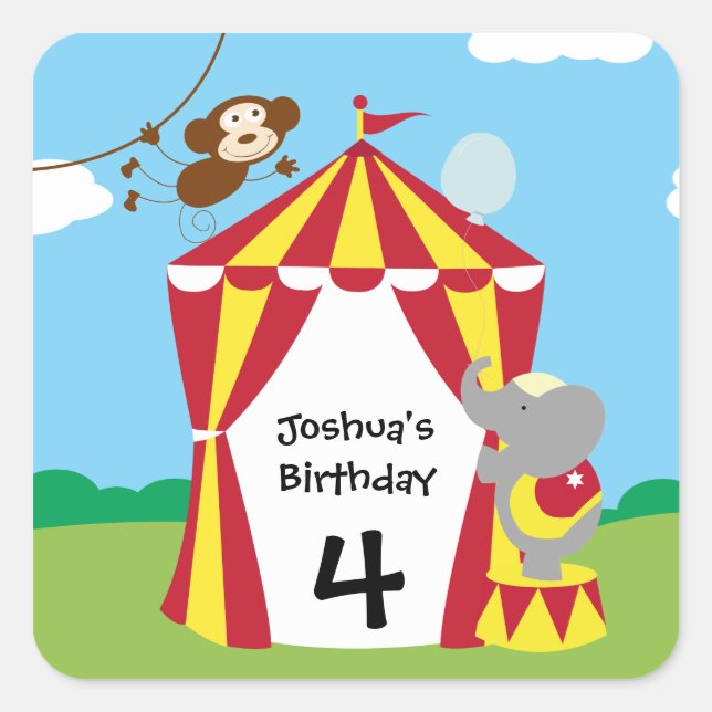 Circus Tent and Animals Birthday Stickers (Front)