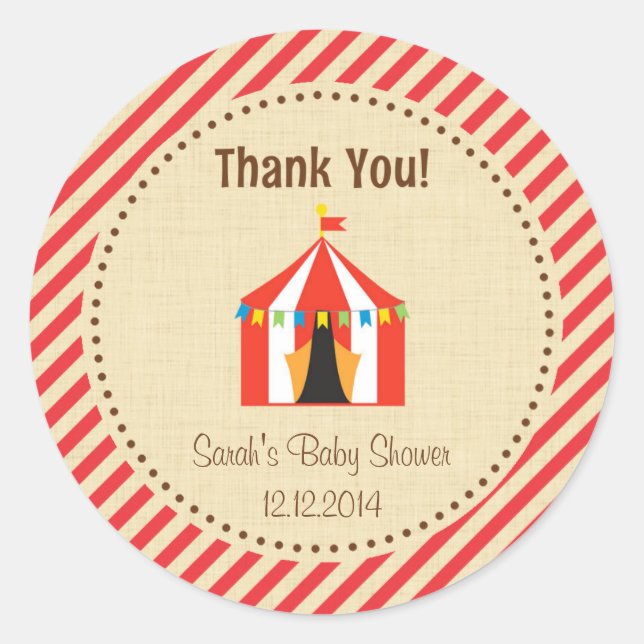 Circus Tent Baby Shower Sticker Red Stripes (Front)