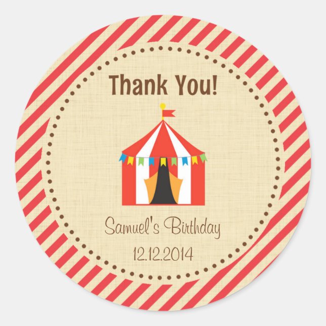 Circus Tent Birthday Sticker Red Stripes (Front)