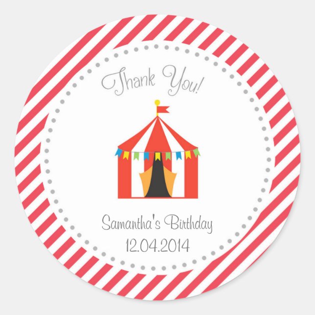 Circus Tent Birthday Thank You Sticker Red (Front)