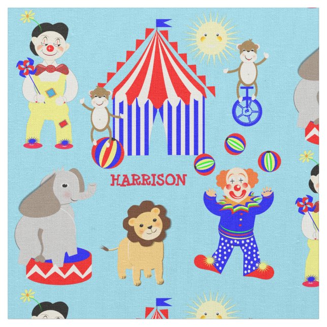 Circus Tent Cartoon Clowns & Animals Personalized Fabric (Close Up)