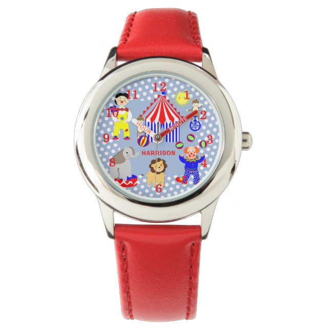 Circus Tent Cartoon Clowns & Animals Personalized Watch (Front)