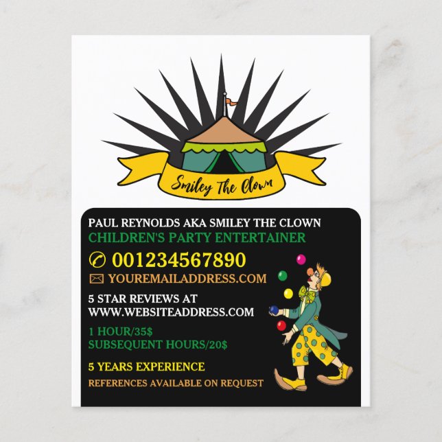 Circus Tent Clown, Kids Entertainer, Clown Advert Flyer (Front)