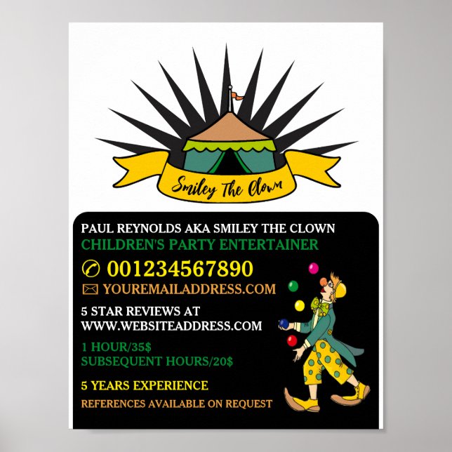 Circus Tent Clown, Kids Entertainer, Clown Advert Poster (Front)