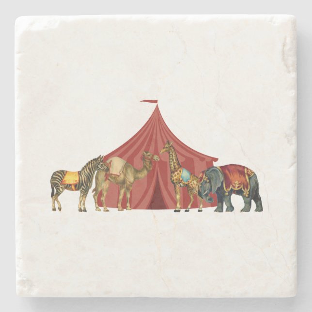 Circus Tent with Zebra Giraffe Camel and Elephant Stone Coaster (Front)