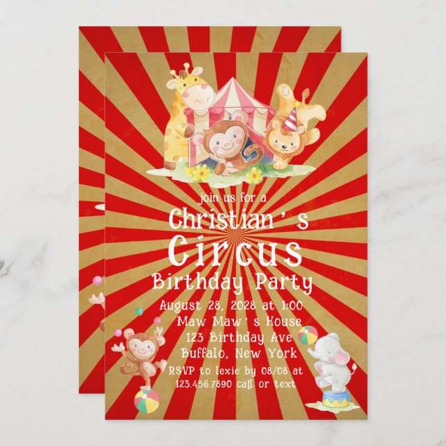 Circus Theme Birthday Party Invitation (Front/Back)
