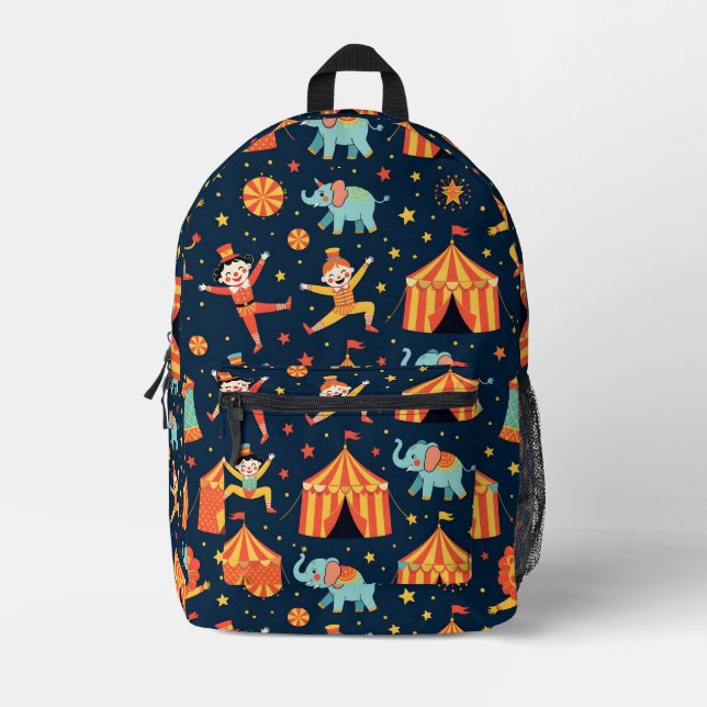 Circus theme on blue printed backpack (Front)