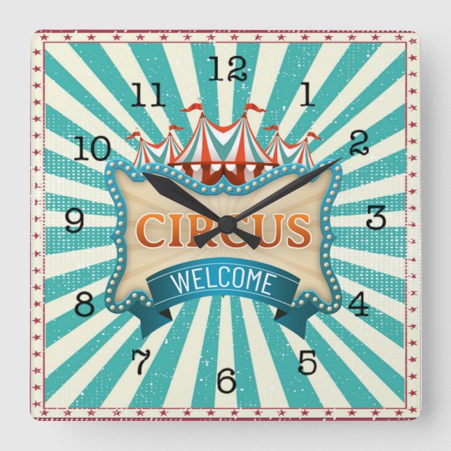 Circus Theme Teal Red Tent  Square Wall Clock (Front)