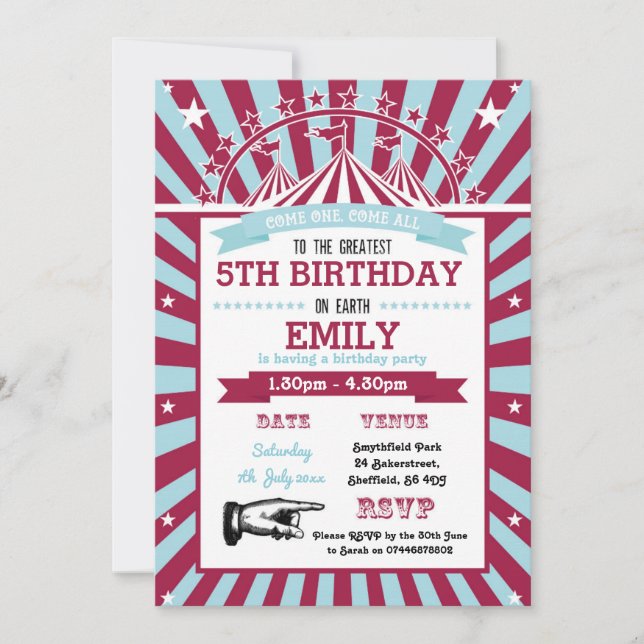 Circus themed birthday party invitation (Front)