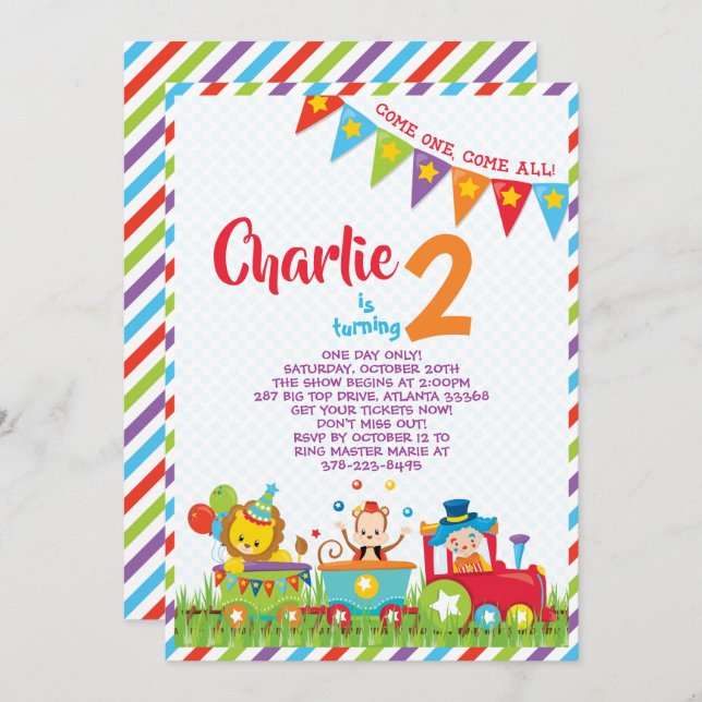 Circus Train BIrthday Invitation (Front/Back)