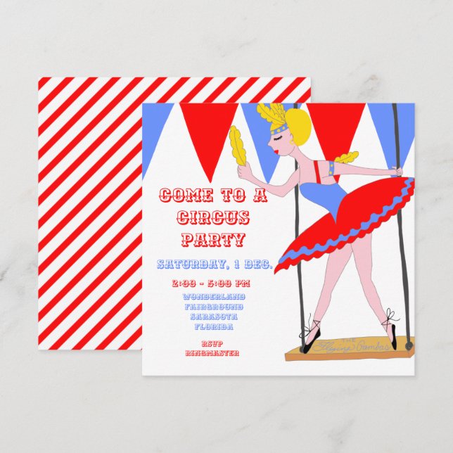 Circus Trapeze Artist Red Circus Tent Stripe Party Invitation (Front/Back)
