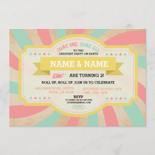 Circus Twins Birthday Mint & Coral Carnival Invite
