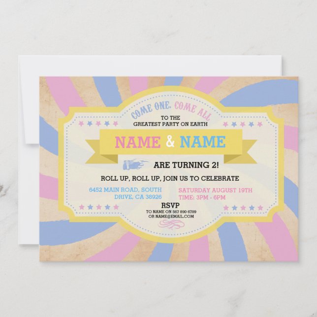 Circus Twins Birthday Pink & Blue Carnival Invite (Front)