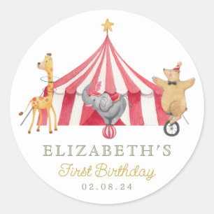 Circus Watercolor Birthday cute animals Classic Round Sticker