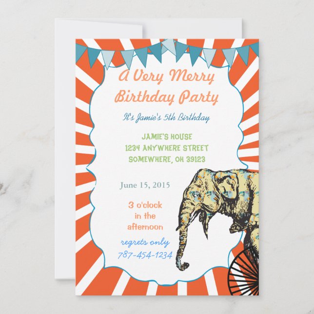 Cirque Elephant Anniversaire Fête Invitation Bunit (Devant)