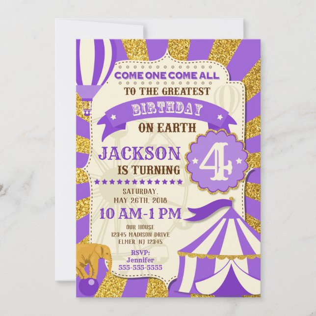 Cirque Invitation Anniversaire Carnaval Purple Gol (Devant)