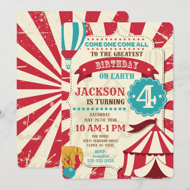 Cirque Invitation Anniversaire Thème Carnaval Vint (Devant / Derrière)