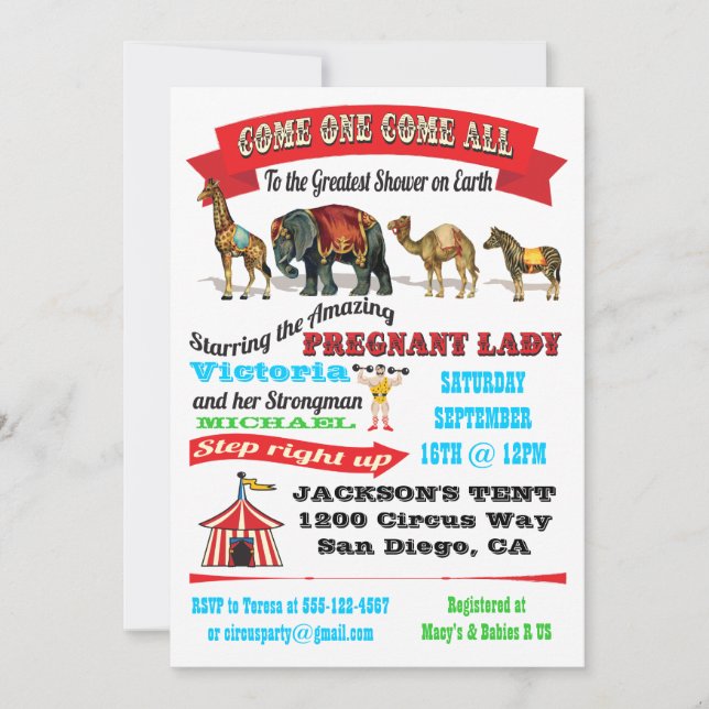 Cirque vintage Animaux Bébé Douche Invitations (Devant)