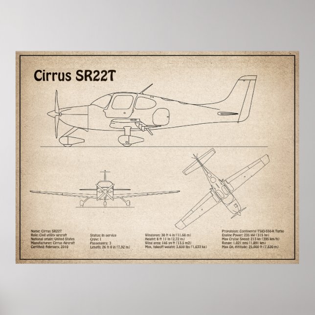Cirrus SR22T - Airplane Blueprint Drawing Plans SD Poster (Front)