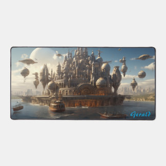 Citadelle futuriste sur le paysage marin Steampunk