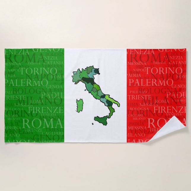 Cities, Map, and Flag of Italy Beach Towel (Front)