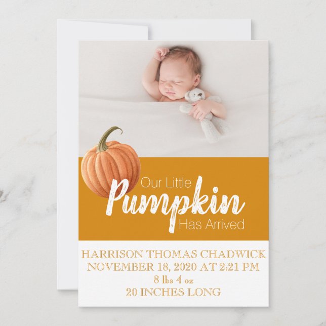 Citrine Fall Harvest Pumpkin Single Photo Baby Announcement (Front)